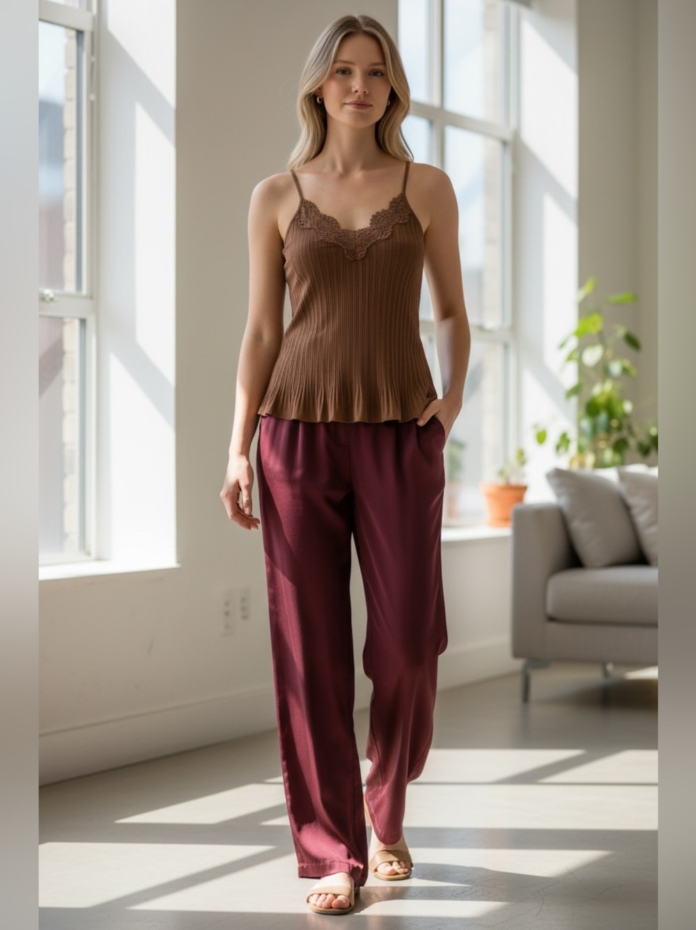 BiBi Brown Pleated Cami with Lace Trim